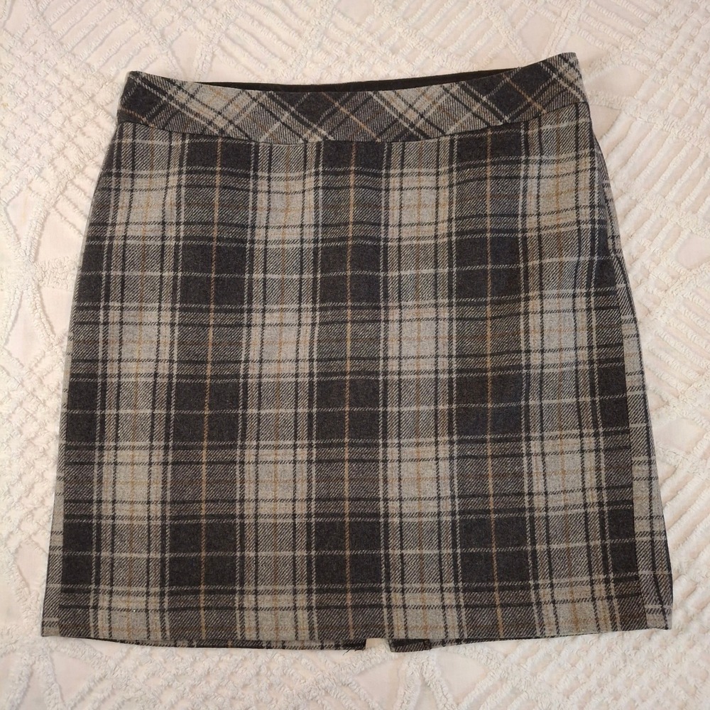 Eddie Bauer Womens 14 Pencil Skirt Gray Plaid Wool Blend Lined Side Zip